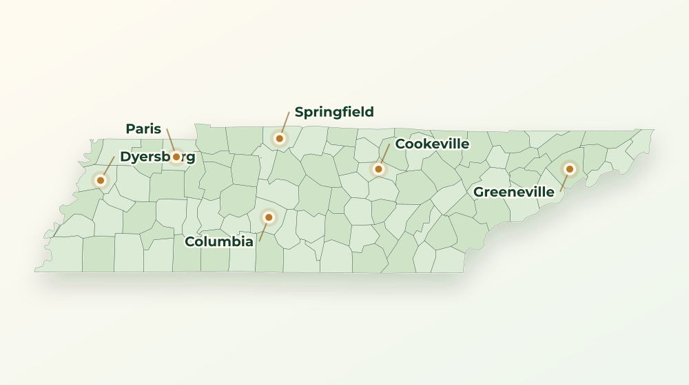 Accurate Tennessee land service area map with county boundaries and major city labels